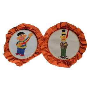 Vintage Sesame Street Needlepoint Framed Ruffle Bert & Ernie